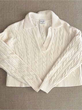 Aritzia Sunday Best Cream Merino Wool Cable-Knit Polo Sweater Heritage Academia